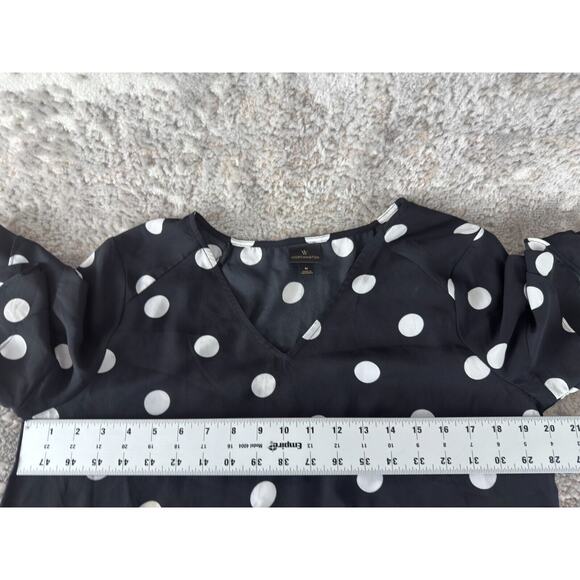 Worthington Sz M Black Polka Dot Flutter Sleeve Blouse Lightweight Semi-Sheer - Picture 6 of 10